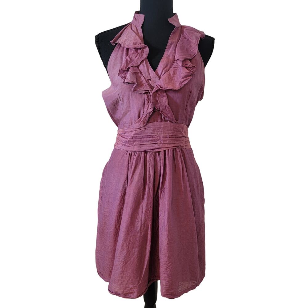 Vintage Esley Silk Ruffle Knee Halter‎ High Neck V-Neck Mauve Dress Romantic LG